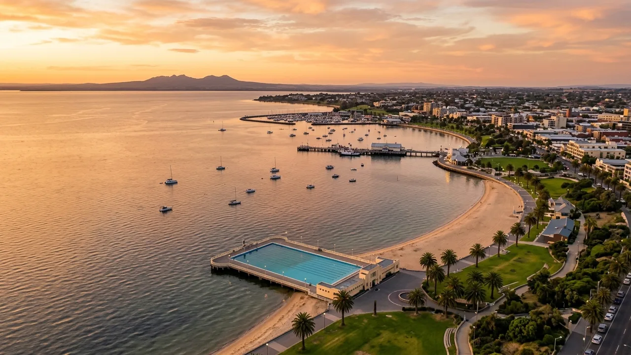 The Geelong waterfront and Eastern Beach at golden hour
