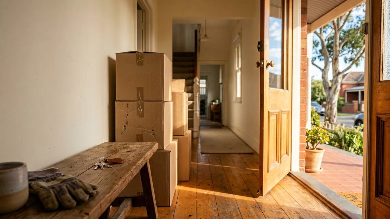 A Geelong family carrying boxes into their new home on moving day