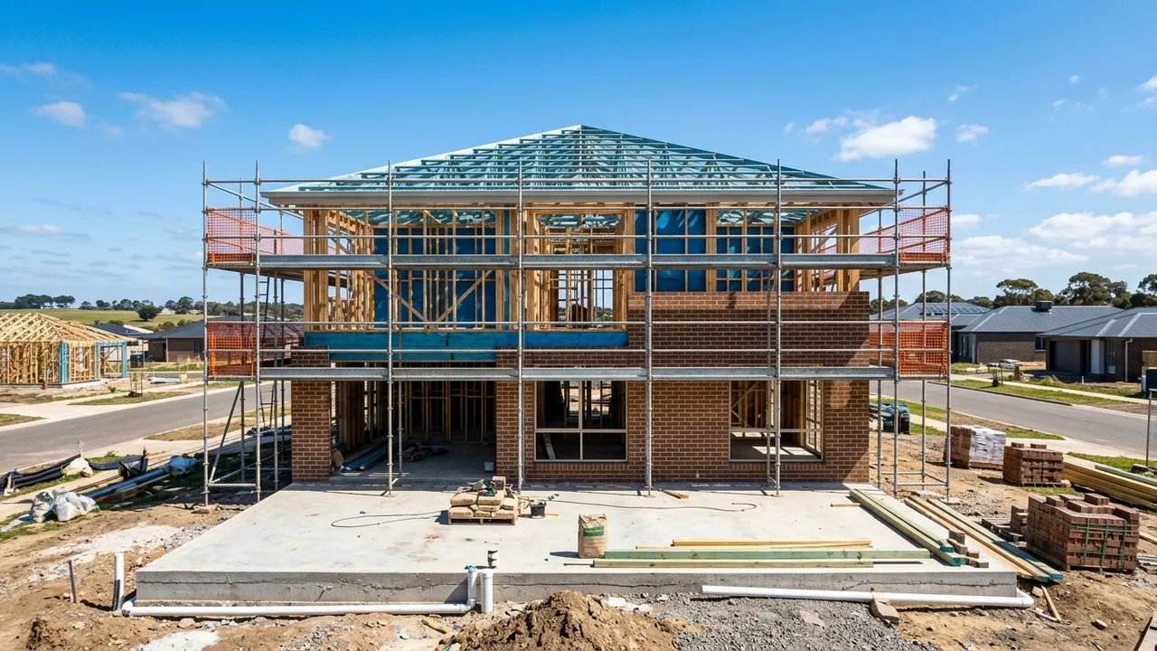 A new home under construction at frame stage in a Geelong growth-corridor estate