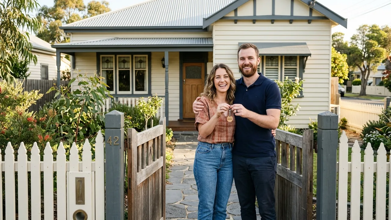 A first home buyer couple at the gate of a Geelong home